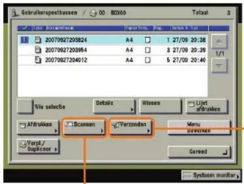 Gebruikerspestbassen / 00 BOX60 Totaal 3 File Edit View Date Page Tools Help 20070927203824 A4 1 27/09 20:38 20070927203954 A4 3 27/09 20:39 20070927204012 A4 5 27/09 20:40 1/1 Vis selectie Details Wissen Lijst afdrukken Afdrukken Scannen Verzenden Menu davorken Verpl/ Duplicoor Gereed System monitor