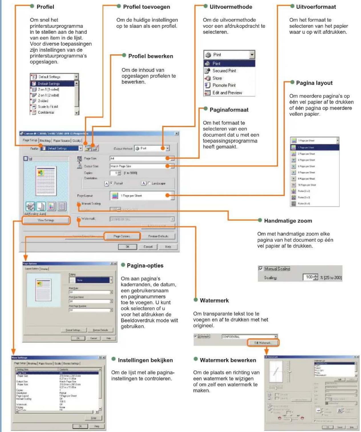 Profiel Om snel het printerstuurprogramma in te stellen aan de hand van een item in de lijst. Voor diverse toepassingen zijn instellingen van de printerstuurprogramma's opgeslagen. Default Settings Default Settings 2 on 1 [1-sided] 2 on 1 [2-sided] 2-sided Scale to Fit A4 Confidential Profiel toevoegen Om de huidige instellingen op te slaan als een profiel. Uitvoermethode Om de uitvoermethode voor een afdrukopdracht te selecteren. Print Print Secured Print Store Promote Print Edit and Preview Uitvoerformaat Om het formaat te selecteren van het papier waar u op wilt afdrukken. Pagina layout Om meerdere pagina's op een vel papier af te drukken of een pagina op meerdere vellen papier. Papiela formaat Om het formaat te selecteren van een document dat u met een toepassingsprogramma heeft gemaakt. Page Setup Finishing | Paper Source | Quality Profile Default Settings Output Method Print Page Size: 44 Output Size: Match Page Size Copies: 1 - [1 to 9999] Orientation: Portrait A Landscape Page Layout 1 Page per Sheet Manual Scaling Watermark: CONFIDENTIAL View Settings Page Options... Postage Defaults... OK Cancel Help Handmatige zoom Om met handmatige zoom elke pagina van het document op een vel papier af te drukken. Pagina-opties Om aan pagina's kaderranden, de datum, een gebruikersnaam en paginanummers toe te voegen. U kunt ook selecteren of u voor het afdrukken de Beeldoverdruk mode wilt gebruiken. Watermerk Om transparante tekst toe te voegen en af te drukken met het origineel. Watermark: CONFIDENTIAL E& Watermark. Instellingen bekijken Om de lijst met alle pagina-instellingen te controleren. Watermerk bewerken Om de plaats en richting van een watermerk te wijzigen of om zelf een watermerk te maken. Home Settings Page Setup | Finishing | Paper Source | Quality | Device Settings Page Size: 310.00 x 526.00 mm Output Size: 9.00 x 11.00 x Paper Size: 215.00 x 287.00 mm Paper Size: 82.00 x 11.00 x Copies: 1 Page per Sheet Manial Scaling: Watermark: E& Watermark.