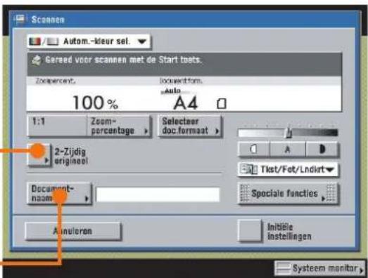 Scannen Autom.-kleur sel. Gered voor scannen met de Start toets. Zoom percent. 100% Auto... A4 1:1 Zoom- percentage Selectoor doc.formaat 2-Zijdig originnel Document- name Tkst/Fot/Lndirt Speciale functies Anulceron Inbilele instellingen System monitor,