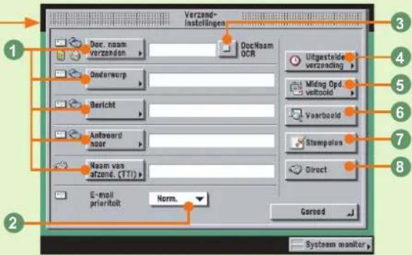 Verzand- instellingen Doc. naam verzenden Doc.Naam OCR Uitgestelde verzending Onderwerp Miding Opd. vertoeld Bericht Vaarboeld Anteword noor Stampola Naam van afzand. (TTI) Direct E-mail prioritolt Norm. Gorsed System monitor