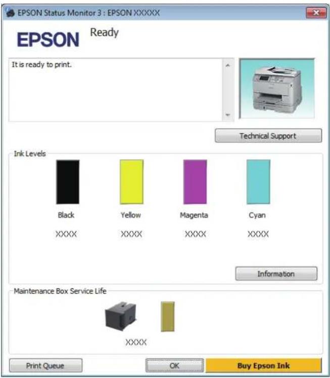 EPSON Status Monitor 3 : EPSON XXXXX Gereed EPSON Het is klaar om af te drukken. Technische ondersteuning Inktniveaus Zwart XXXX Geel XXXX Magenta XXXX Cyaan XXXX Informatie Onderhoudsdoos levensduur XXXX Afdrukwachtrij OK Epson-inkt kopen