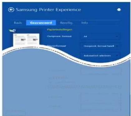 Samsung Printer Experience Bank Geavanceerd Bevällig Info Paperinstellungen Component: Format M Performance Component: Format hard Automatic selectern