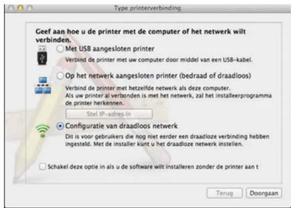Type printerverbinding Geef aan hoe u de printer met de computer of het netwerk wilt verbinden. ○ Met USB aangesloten printer Verbind de printer met uw computer door middel van een USB-kabel. ○ Op het netwerk aangesloten printer (bedraad of draadloos) Verbind de printer met hetzelfde netwerk als deze computer. Als uw printer al verbonden is met het netwerk, zal het installeerprogramma de printer herkennen. Stel IP-adres in ● Configuratie van draadloos netwerk Dit is voor gebruikers die nog niet eerder een draadloze verbinding hebben ingesteld. Met de installer kunt u het draadloze netwerk instellen. □ Schakel deze optie in als u de software wilt installeren zonder de printer aan t Terug Doorgaan