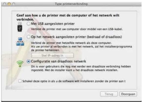 Type printerverbinding Geef aan hoe u de printer met de computer of het netwerk wilt verbinden. ○ Met USB aangesloten printer Verbind de printer met uw computer door middel van een USB-kabel. ○ Op het netwerk aangesloten printer (bedraad of draadloos) Verbind de printer met hetzelfde netwerk als deze computer. Als uw printer al verbonden is met het netwerk, zal het installeerprogramma de printer herkennen. Stel IP-adres in ● Configuratie van draadloos netwerk Dit is voor gebruikers die nog niet eerder een draadloze verbinding hebben ingesteld. Met de installer kunt u het draadloze netwerk instellen. □ Schakel deze optie in als u de software wilt installeren zonder de printer aan t Terug Doorgaan