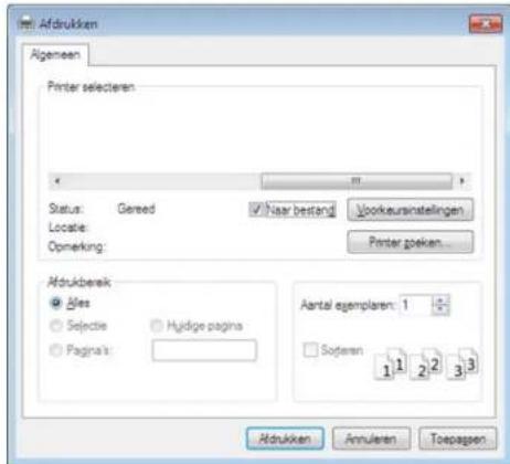 Afdrukken Algemeen Printer selecteren Status: Greed Locatie: Opneking: Haar bestand Voorkeursinstellingen Printer geeken... Afdrukbeek ● Files ○ Selectie ○ Pages: Huidige pagina Aantal ejemplaren: 1 ○ Soteren 1 1 2 2 3 3 Afdrukken Annularen Toepagen