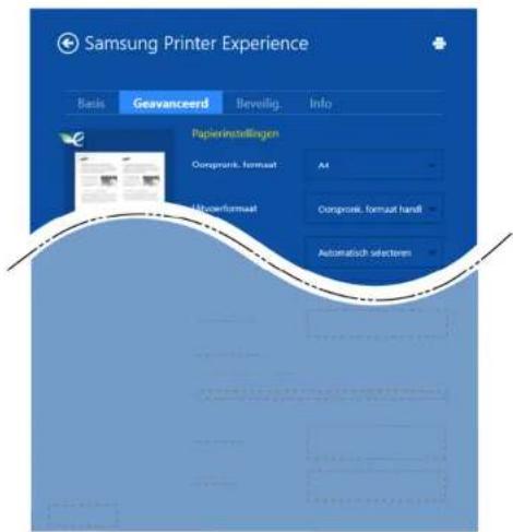 Samsung Printer Experience Basis Geavanceerd Beveilig Info Papierinstellingen Corprovis. format A4 Upperformaat Corprovis. format handl Automatisch selectoren
