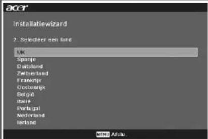 accr Installatiewizard 2. Selector een land UK Spanje Dutsland Zwitzerland Franking Oostenrijk Belgig Italie Portugal Nederland Ierland MENU Afslu...