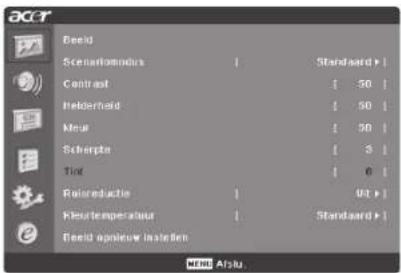beeld Scenarioodura Contrast Helderheid Mme Schrépte Tint Reiterate Res temperature Beeld applicue instellen Standard ▶ [ 50 ] [ 50 ] [ 50 ] [ 3 ] [ 0 ] (1) ▶ Standard ▶ MEND Altu.