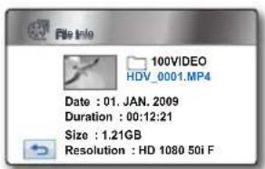File Info 100VIDEO HDV_0001.MP4 Date : 01. JAN. 2009 Duration : 00:12:21 Size : 1.21GB Resolution : HD 1080 50i F