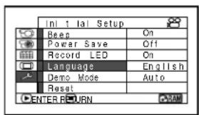 In1 1 lai Setup Beep On Power Save Off Record LED On Language English Demo Mode Auto Reset ENTER RETURN CAM