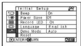 Initial Setup Beep On Power Save On Record LED On Language English Demo Mode Auto Reset ENTER RETURN