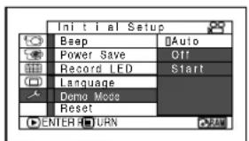 Initial Setup Beep Auto Power Save Off Record LED Start Language Demo Mode Reset ENTER UURN