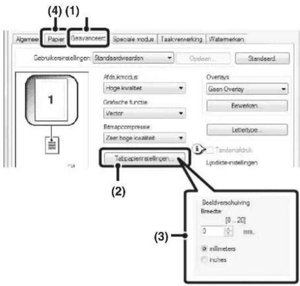 (4) (1) Algemee Paper Geavanceerd Speciale modus Taakvenwerking Watamerkan Gebruikersinstellingen: Standaardwraorden Opsken... Standeerd. Afdrukmodus: Hoge kvalitet Grafische functie: Vector Bitmapcompressie: Zaar hoge kvalitet Overlays Goen Overisy Bewerken... Lettertype ... Tandemafdruk Lyndikte-instellingen... Tatpapierinstellingen... (2) Beeldverschuiving Breedte [0 ... 20] 0 mm.. millimeters Inches
