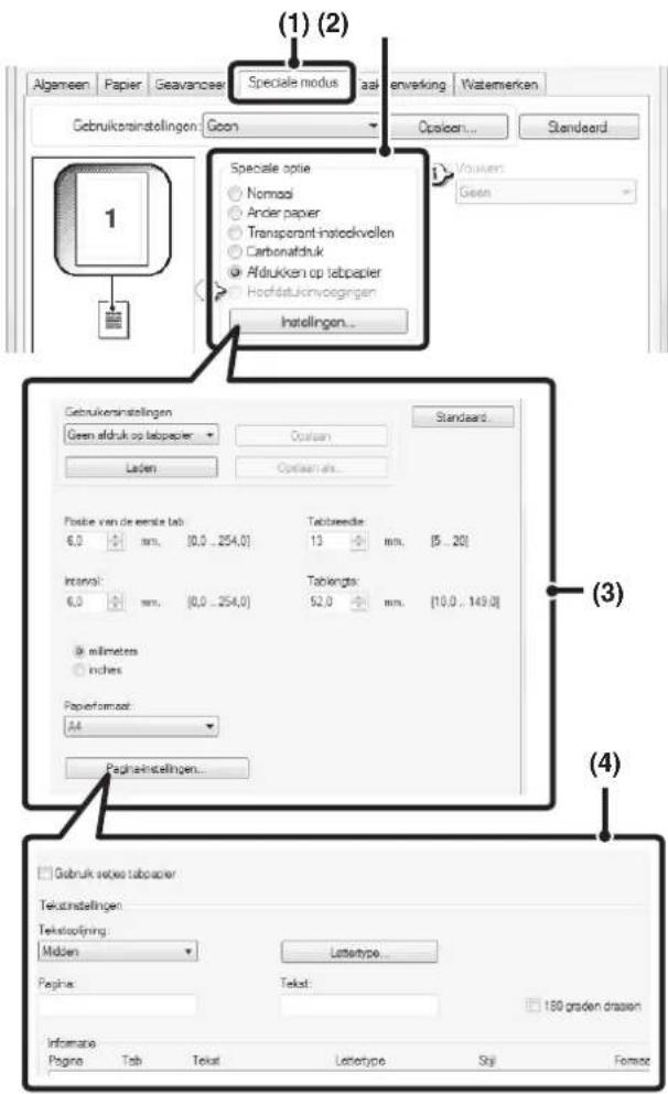 (1) (2) Algemeen Papier Geavanceer Speciale modus aal enverking Watermerken Gebruikotinstellingen Geon Opaciers... Standeard 1 Speciale optie Nomaa Ander papier Transparent inatockvollen Carbonafduk Afdrukken op telpapier Hochdatukonyoegingen Instellingen... Voukers Geen Gebruikeninstellingen Geen afdruk op telpapier Coutien Laden Optaan als... Standeard... Position van de eerste tab: 6,0 mm. [0,0 - 254,0] Tablweende: 13 mm. [5 - 20] Interval: 6,0 mm. [0,0 - 254,0] Tablengta: 52,0 mm. [10,0 - 149,0] @ millimeters Inches Papermaad: A4 Pagnakinstellingen... (3) (4) Gabruk selwa tabopier Tekutinstellingen Tekstlopfing: Midden Lettertype... Paghas Tekst: 180 graden drassen Informare Pages Tab Tekst Lettertype Stji Formar