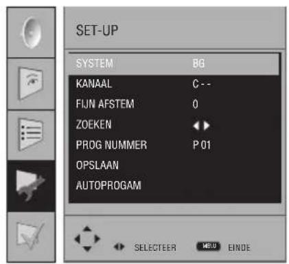 SET-UP SYSTEM 86 KANAAL C-- FUN AFSTEM 0 ZOEKEN ◀◀ PROG NUMMER P 01 OPSLAAN AUTOPROGAM SELECTEER MEIO EINDE