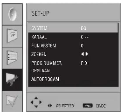 SET-UP SYSTEM BG KANAAL C-- FIJN AFSTEM 0 ZOEKEN ◀◀ PROG NUMMER P 01 OPSLAAN AUTOPROGAM SELECTER OK CINDE