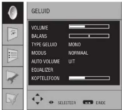 GELUID VOLUME BALANS TYPE GELUID MONO MODUS NORMAAL AUTO VOLUME UIT EQUALIZER KOPTELEFOON SELECTER NEW ENDE
