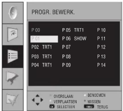 PROGR. BEWERK. P 00 P 05 TRT1 P 10 P 01 P 06 SHOW P 11 P02 TRT1 P 07 P 12 P03 TRT1 P 08 P 13 P04 TRT1 P 09 P 14 OVERSLAAN BENOEMEN VERPLAATSEN WISSEN OK SELECTER ENDU TERUG