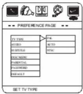 PREFERENCE PAGE TV TYPE AUDIO MINTLE DISCMINE PARENTAL PASSWORD DEFAULT PAL AUTO NTSC SET TV TYPE