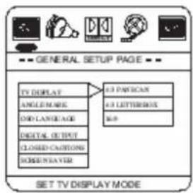 GENERAL SETUP PAGE TV DISPLAY ANGLE MARK DID LANGUAGE DIGITAL OUTPUT CLOSED CASHION ROSEUNAVIER 4.3 PANTICAN 4.3 LETTERBOX 5.0 SET TV DISPLAY MODE