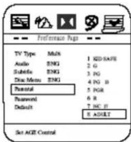 Preference Caps TV Type Multi 1 KID SAFE Audio ENG 2 G Subtype ENG 3 PG Disc Menu ENG 4 PG B Parental 5 PGR Password 6 R Default 7 NC B 8 ADULT Set AGE Control