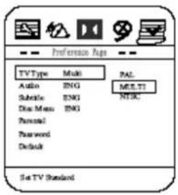 Preference Page TV Type Multi PAL Audio ENG MELTI Subtotal ENG NTR Dim Menu ENG Parental Password Default Set TV Standard