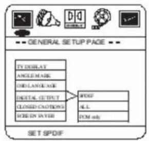 GENERAL SETUP PAGE TV DISPLAY ANGLE MARK ON LANGUAGE DIGITAL OUTPUT CLOSED CACIONS ROGEN WATER SPDF ALL PCM only SET SPDF