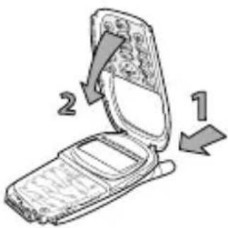 Diagram showing a mobile phone device with labeled parts 1 and 2, indicating directional movement or component placement.