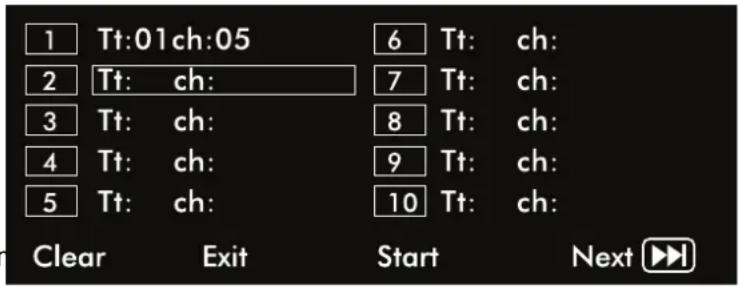 1 Tt:01ch:05 2 Tt: ch: 3 Tt: ch: 4 Tt: ch: 5 Tt: ch: 6 Tt: ch: 7 Tt: ch: 8 Tt: ch: 9 Tt: ch: 10 Tt: ch: Clear Exit Start Next ►►