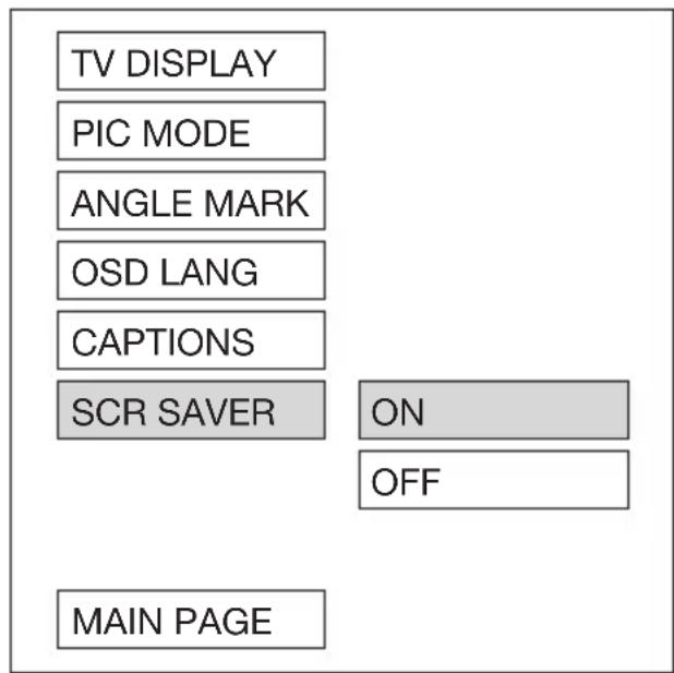 TV DISPLAY PIC MODE ANGLE MARK OSD LANG CAPTIONS SCR SAVER ON OFF MAIN PAGE