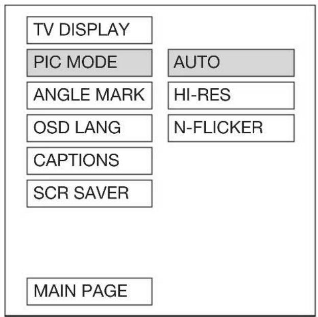 TV DISPLAY PIC MODE ANGLE MARK OSD LANG CAPTIONS SCR SAVER AUTO HI-RES N-FLICKER MAIN PAGE