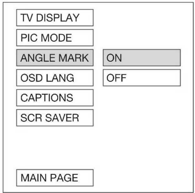 TV DISPLAY PIC MODE ANGLE MARK ON OSD LANG OFF CAPTIONS SCR SAVER MAIN PAGE