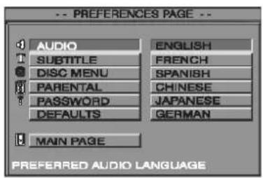 -- PREFERENCES PAGE -- AUDIO ENGLISH SUBTITLE FRENCH DISC MENU SPANISH PARENTAL CHINESE PASSWORD JAPANESE DEFAULTS GERMAN MAIN PAGE PREFERRED AUDIO LANGUAGE