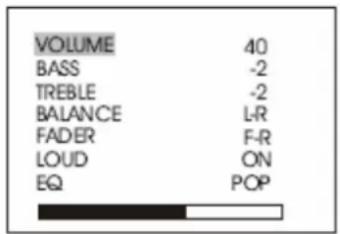VOLUME 40 BASS -2 TREBLE -2 BALANCE L-R FADER F-R LOUD ON EQ POP