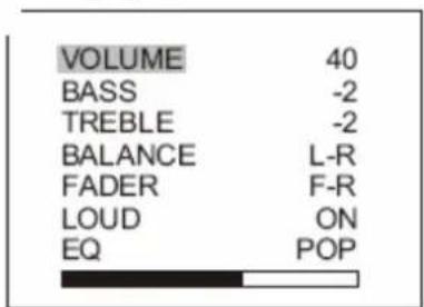 VOLUME 40 BASS -2 TREBLE -2 BALANCE L-R FADER F-R LOUD ON EQ POP