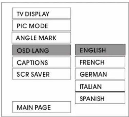 TV DISPLAY PIC MODE ANGLE MARK OSD LANG CAPTIONS SCR SAVER MAIN PAGE ENGLISH FRENCH GERMAN ITALIAN SPANISH