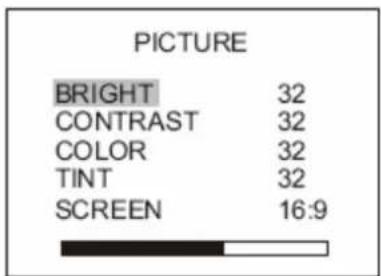 PICTURE BRIGHT 32 CONTRAST 32 COLOR 32 TINT 32 SCREEN 16:9
