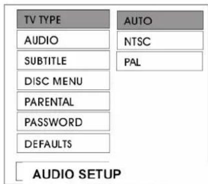 TV TYPE AUDIO SUBTITLE DISC MENU PARENTAL PASSWORD DEFAULTS AUTO NTSC PAL AUDIO SETUP