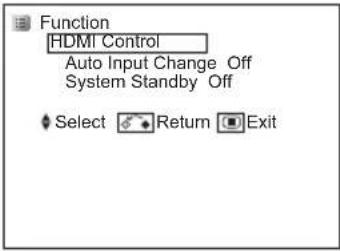 Function HDMI Control Auto Input Change Off System Standby Off Select Return Exit