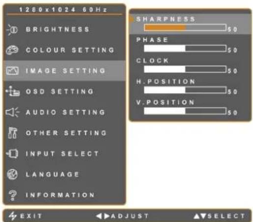 1280x1024 60Hz HELDERHEID KLEURINSTELLING BEELDINSTELLING OSD-INSTELLING AUDIO-INSTELLING ANDERE INSTELLING INGANGSELECTIE TAAL INFORMATIE SCHERPTE FASE KLOK H-POSITIE V-POSITIE EXIT ADJUST SELECT
