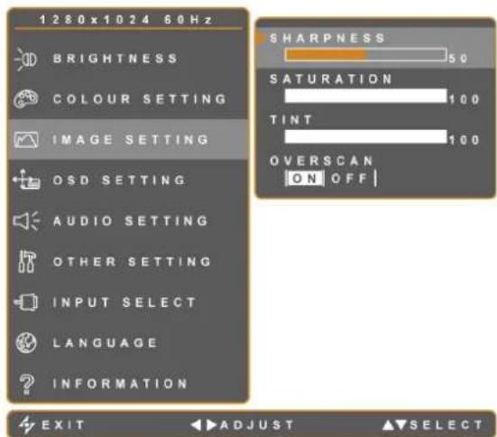 1280x1024 60Hz HELDERHEID KLEURINSTELLING BEELDINSTELLING OSD-INSTELLING AUDIO-INSTELLING ANDERE INSTELLING INGANGSELECTIE TAAL INFORMATIE SCHERPTE 5.0 VERZADIGING 100 TINT 100 OVERSCAN AAN UIT EXIT ADJUST SELECT