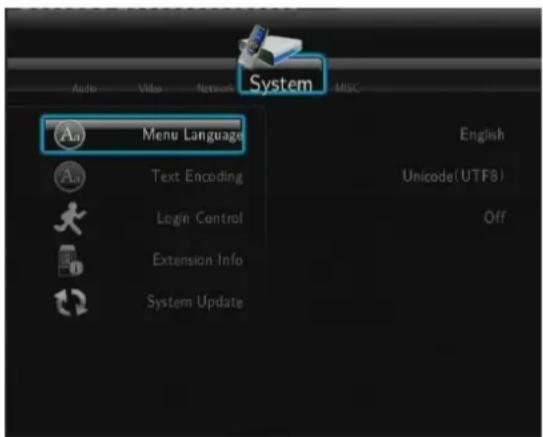 Auto Video Networks System Aa Menu Language English Text Encoding Unicode(UTF8) Login Control Off Extension Info System Update