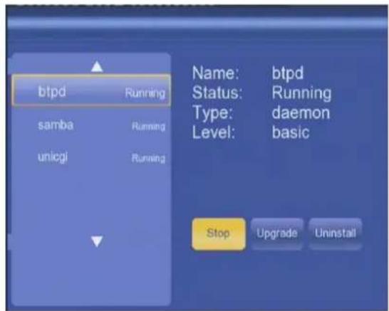 btpd Running samba Running unicgi Running Name: btpd Status: Running Type: daemon Level: basic Stop Upgrade Uninstall