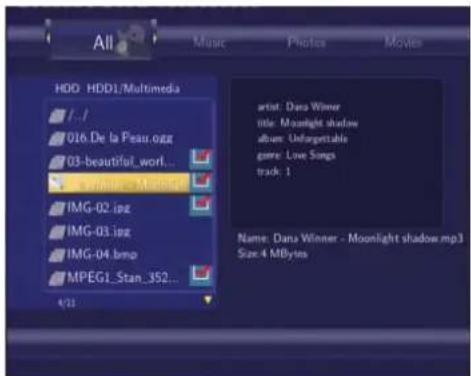 All HDD: HDD1/Multimedia 016.De la Peau.ogg 03-beautiful_worl... IMG-02.jpg IMG-03.jpg IMG-04.bmp MPEG1_Stan_352... 4/22 Music Photos Movies artist: Dana Winner title: Moonlight shadow album: Unforgettable game: Love Songs track: 1 Name: Dana Winner - Moonlight shadow.mp3 Size: 4 MBytes