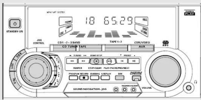 MINI NET SYSTEM 18 65:29 RALL STANDBY-ON JOG CONTROL CD1-2 + 3 BAND TAPE1-2 CDR/VIDEO CD TUNER TAPE AUX VOUT OFF BMO STOP Preset SEARCH STOP-CLEAR PLAY-PAUSEPREVENT PROGRAM RECORD DURING A REPLAY DEM SOUND NAVIGATION - JOG VOLUME