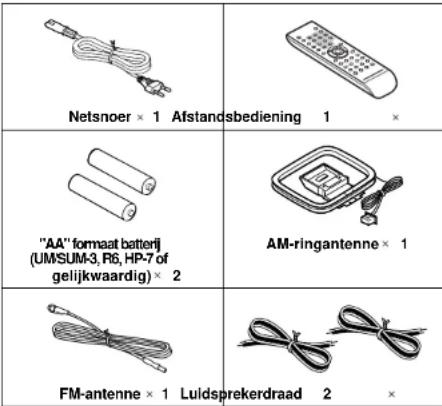 Netsnoer × 1 Afstandsbediening 1 "AA" formaat batterij (UM/SUM-3, R6, HP-7 of gelijkwaardig) × 2 AM-ringantenne × 1 FM-antenne × 1 Luldsprekerdraad 2