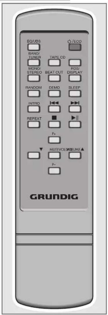 EQ/UBS BAND/ TUNER TAPE CD MONO/ STEREO BEAT CUT RDS/ DISPLAY RANDOM DEMO SLEEP INTRO REPEAT P+ MUTEVOLUME/BLUE GRUNDIG