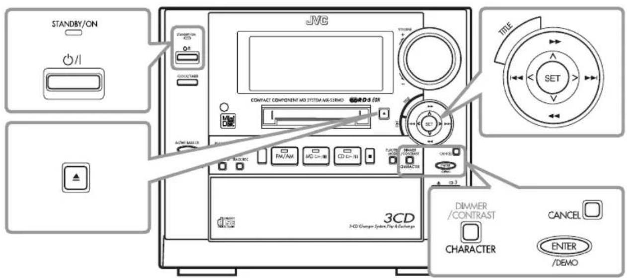 STANDBY/ON / JVC VOLUME OFF COMPOSITE COMPACT COMPONENT MD SYSTEM MD-SERMO CORDS EDV A/CAM MASTER FM/AM MD CD+/-/BB CD ED+/-/BB PANTERS INCHARGE CONTRAST CHARACTER SET TITLE DIMMER /CONTRAST CHARACTER CANCEL ENTER /DEMO 3CD 3-CD Charger System Play & Exchange