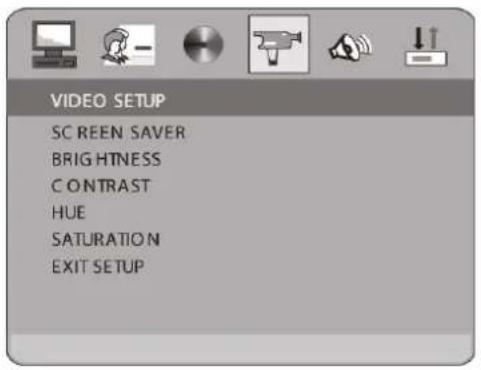 VIDEO SETUP SCREEN SAVER BRIGHTNESS CONTRAST HUE SATURATION EXIT SETUP
