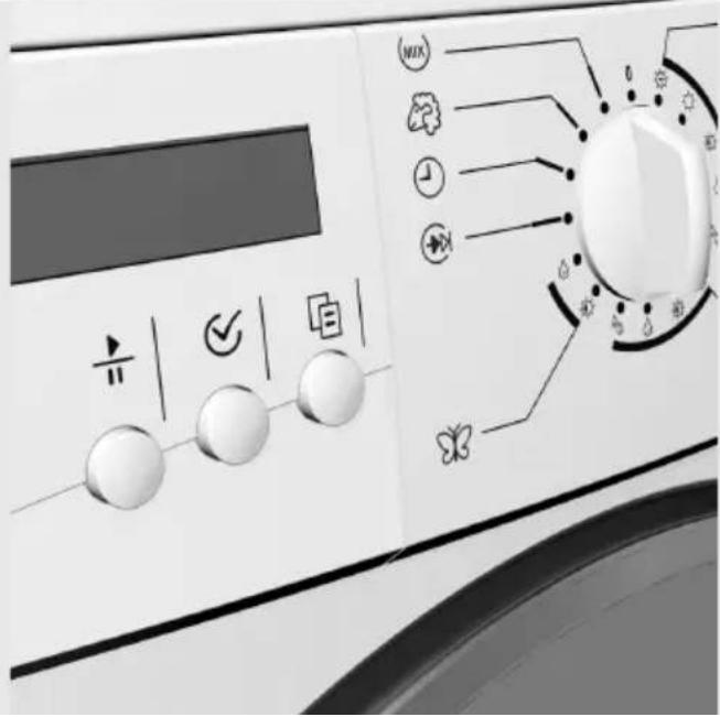 Digital washing machine control panel with indicator lights and function buttons
